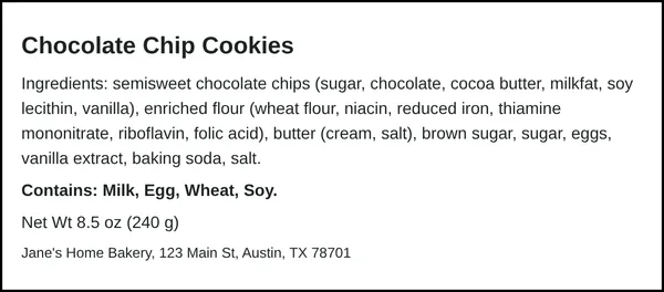 Sample ingredient label with Contains allergen line for chocolate chip cookies
