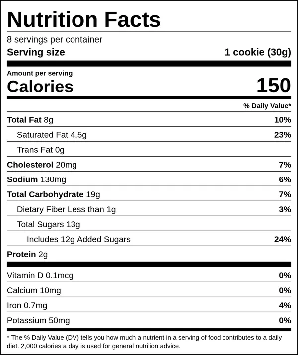 Sample Nutrition Facts panel for chocolate chip cookies made with Easy Food Labels